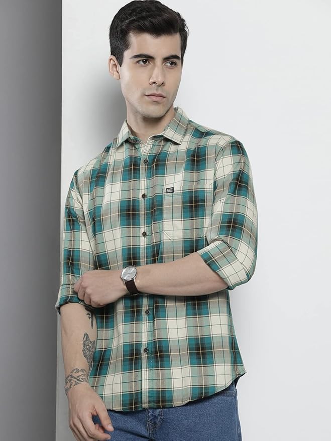 The Indian Garage Co Men's Cotton Regular Fit Checkered Full Sleeves Spread Collar Casual Shirt