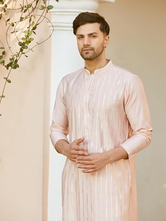 See Designs Men Full Sleeve Chanderi Silk Sequins Mandarin Collar Side Slit Kurta