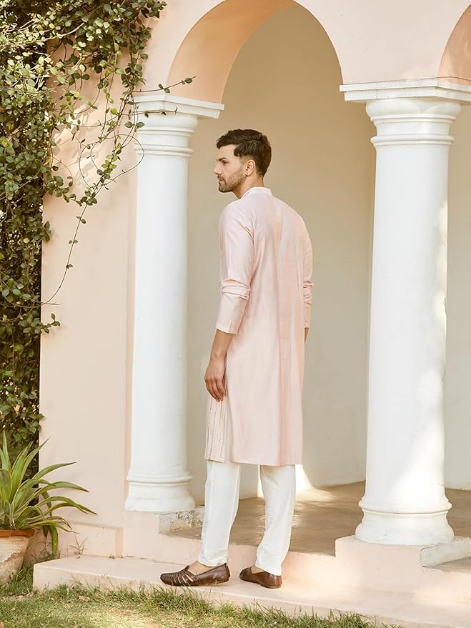 See Designs Men Full Sleeve Chanderi Silk Sequins Mandarin Collar Side Slit Kurta