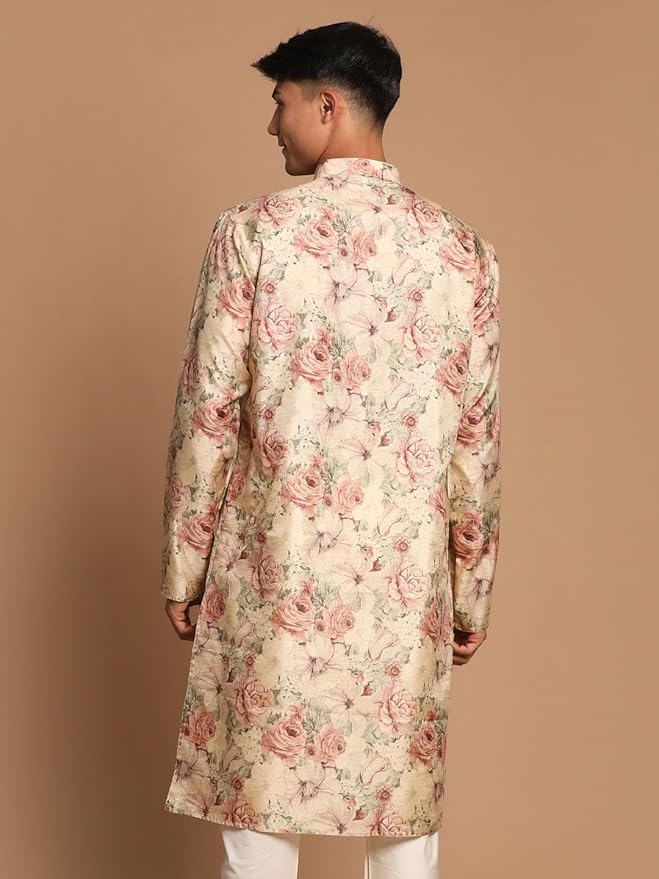 VASTRAMAY Men's Brown Silk Blend Kurta | A Stylish Flower Printed Straight Kurta In Silk Blend Fabric